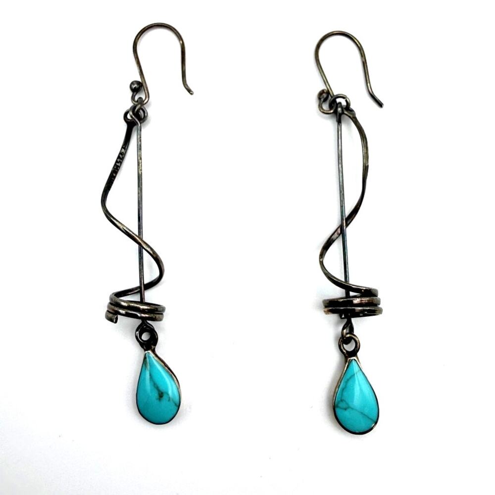 SEED & SAGE Earrings J 925 Mexico Turquoise Long Dangle Drop Spiral Southwest